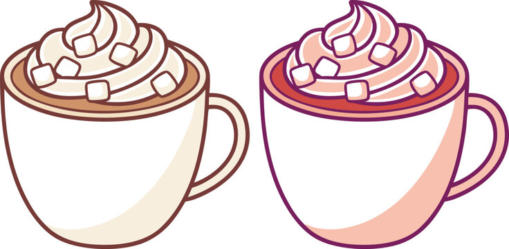 Warm white ceramic mug with cocoa marshmallows and cream swirl