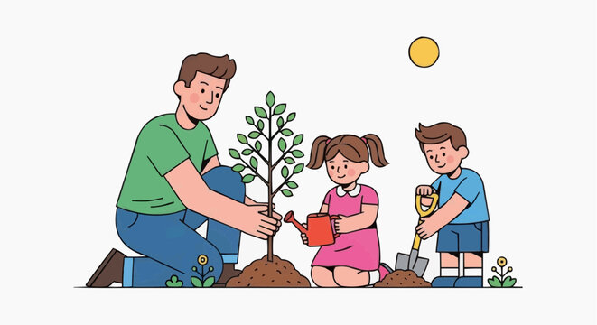 A father and his two sons planting a tree together outside on a sunny day
