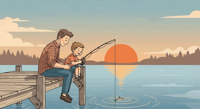 A vector graphic illustration of a father and son fishing together on a dock at sunset