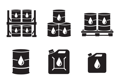 Industrial oil barrel icons set, black fuel drum and jerrycan vector illustrations, petroleum storage and chemical container symbols for energy industry
