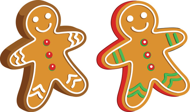 Two 3 d gingerbread cookies with colorful glossy icing