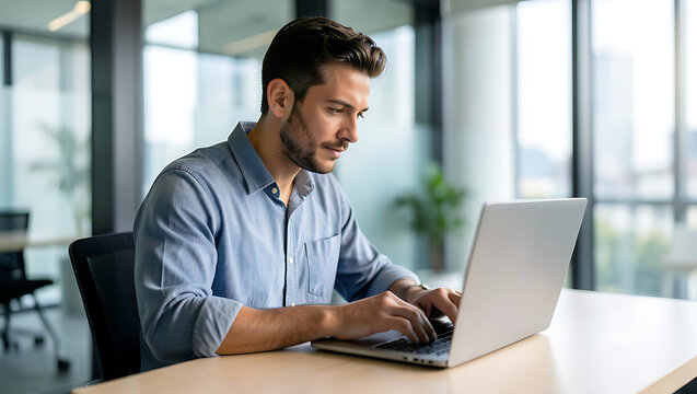 Young man working on laptop computer in office smiling at desk