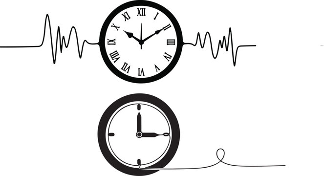 Continuous one line drawing clock icon with doodle hand drawn style. Clock icon Self drawing. Clock icon Vector illustration on white background.