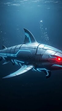 Robotic Shark with Red Eye Swimming Underwater