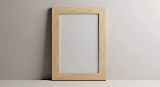 Empty wooden picture frame on plain wall