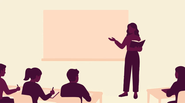 Teacher instructing students in a classroom, education concept flat illustration