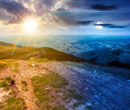 day meet night. summer landscape. mountain path through the grassy slope uphill to the sky. epic view. sun and moon over hiking trail path through borzhava ridge. ukraine mountains harmony concept