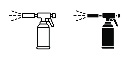Outline and solid black icons of a hand-held spray bottle or torch emitting a spray. © Shahida