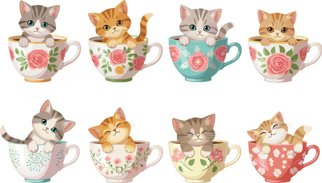 Cute kittens in floral teacups set with different cat breeds, adorable kawaii pets vector illustration collection isolated