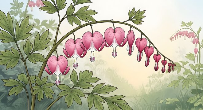 Bleeding hearts flowers in soft morning light with green foliage and blurred background