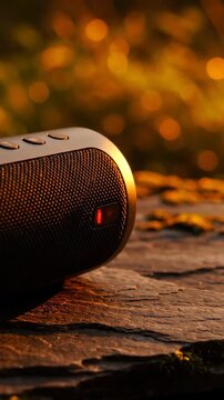 Portable speaker on wooden table with warm bokeh lights