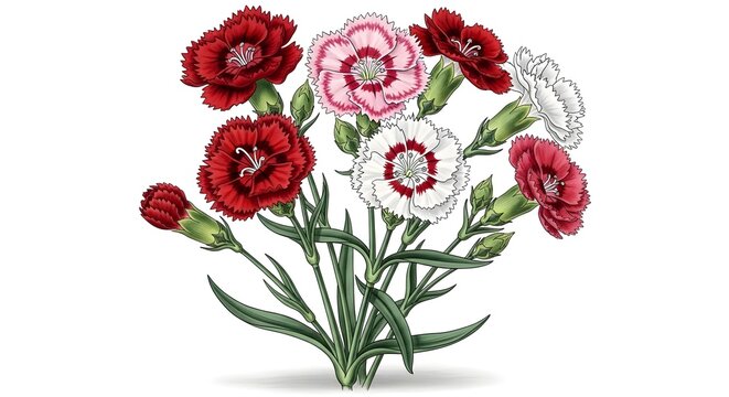 Bouquet of Carnations in Various Colors Against a White Background