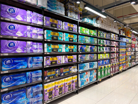 PENANG, MALAYSIA - FEB 05, 2026: Bathroom tissue and toilet paper products displayed on supermarket retail shelves in household essentials aisle.