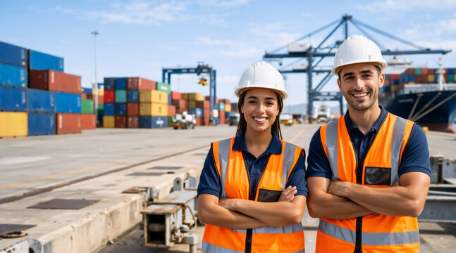 Smiling male and female port workers in safety vests and hard hats. Logistics team standing with arms crossed at a shipping container terminal. Global freight transport and trade concept