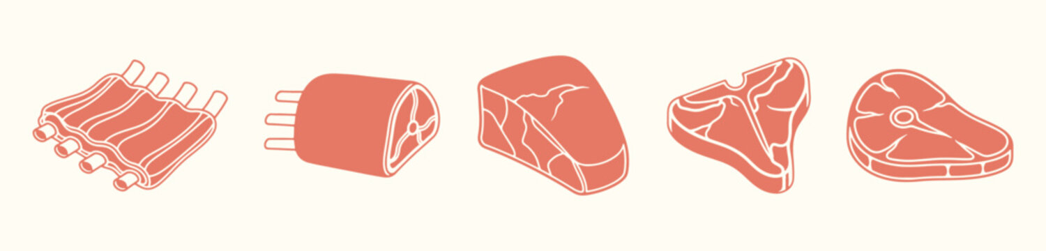 Butcher meat cuts set featuring t-bone steak ribs and ham vector illustration in flat style