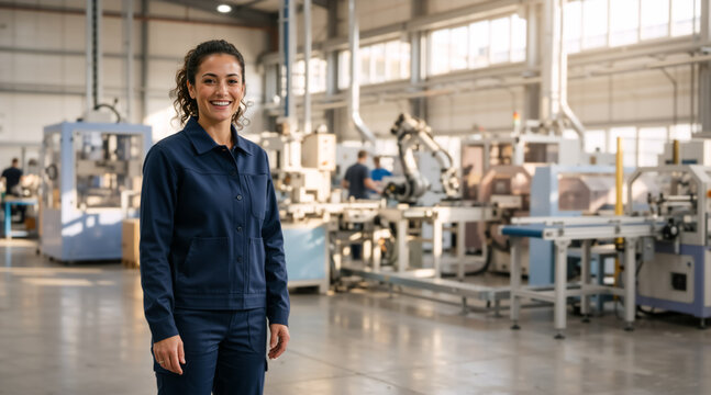 Smiling female industrial worker in blue uniform standing in a modern manufacturing plant. Confident woman engineer on a factory floor with automated machinery and robotic arms in the background