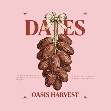 Vintage hand-drawn dates fruit illustration with elegant typography on a soft pink background. Aesthetic "Oasis Harvest" food packaging design or poster featuring detailed engraved style dates tied 