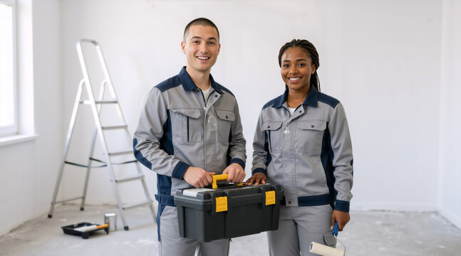 Smiling diverse male and female construction workers holding toolbox and paint roller. Professional painters in uniform during home renovation