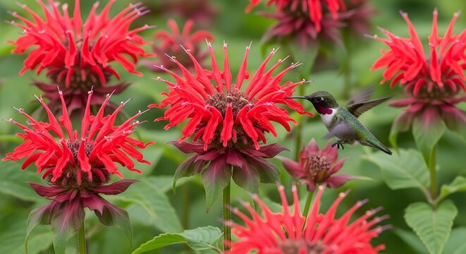 Ruby throated hummingbird feeding on bright red monarda flowers in a garden during summer