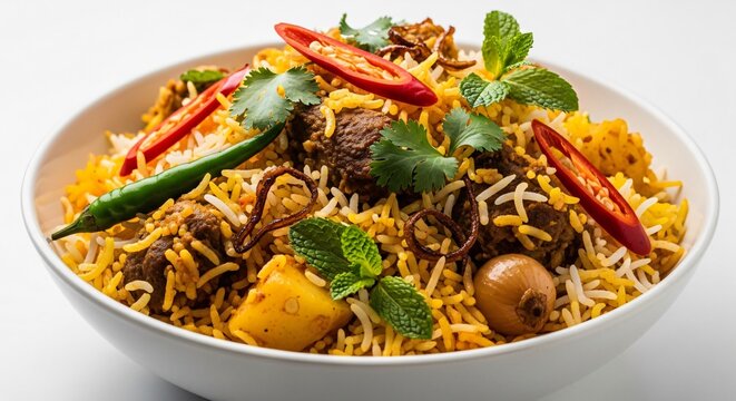 Spicy Pakistani biryani with meat and vegetables