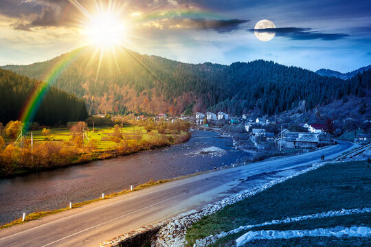 mountain landscape during fall season. day meet night. sun and moon over rural scenery with river at twilight. composite image of a countryside road through valley near village for travel background