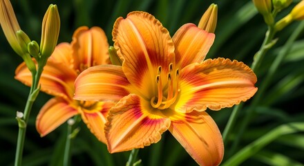 Fototapeta premium Vibrant orange daylily blooms in soft natural daylight with lush green foliage background