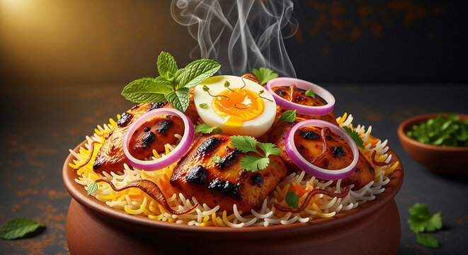 steaming hot traditional nasi lemak with fried anchovies, boiled egg, and spicy sambal in earthen bowl