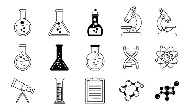 Laboratory equipment silhouette icons flasks beakers microscopes and molecular structures