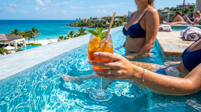 Mano sosteniendo c&oacute;ctel dentro de piscina azul, luz solar intensa, estilo lifestyle, sensaci&oacute;n de lujo.
