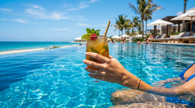 Mano sosteniendo c&oacute;ctel dentro de piscina azul, luz solar intensa, estilo lifestyle, sensaci&oacute;n de lujo.