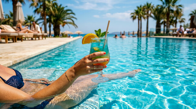 Mano sosteniendo c&oacute;ctel dentro de piscina azul, luz solar intensa, estilo lifestyle, sensaci&oacute;n de lujo.