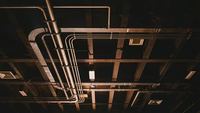 A photograph of an industrial ceiling with exposed pipes and ductwork, highlighting the complexity of building infrastructure and maintenance requirements