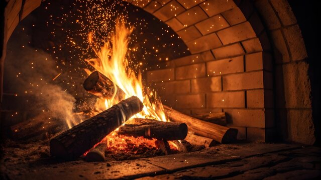 Burning logs in a brick fireplace with sparks and smoke burning wood outdoor oven burning coals fireplace interior combustion lighting seasonal structure traditional open fire charcoal