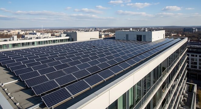 solar panels on a modern building rooftop for renewable energy