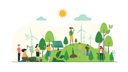 Fototapeta premium People engage in eco-friendly activities on a sunny hill with trees and wind turbines