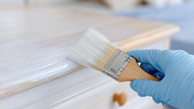 A close-up of a hand in a protective glove applying white paint with a brush to a wooden furniture surface. Concept for renovation, restoration, interior decor, and home renovation.