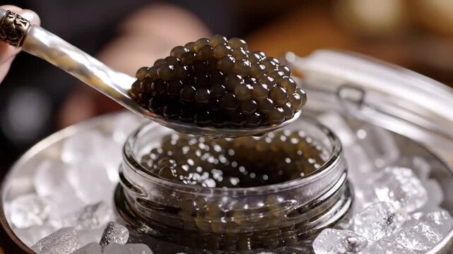 Black caviar on mother-of-pearl spoon over jar with ice
