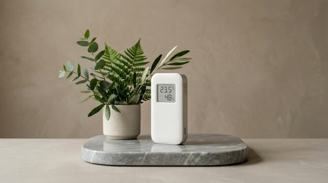 Modern digital climate sensor on marble tray with potted plant
