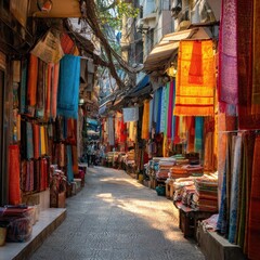 Obraz premium Bustling Hanoi street market in a narrow alley with colorful fabric stalls in warm morning light