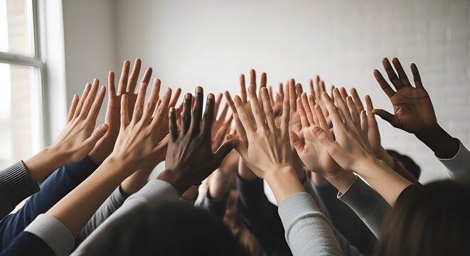 Close-up of many hands raised in unison, diverse skin tones, business attire diversity unity