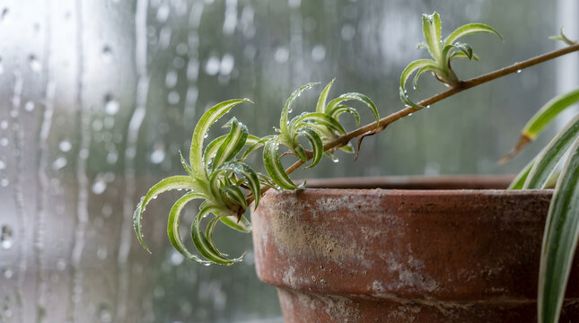Rain Kissed Spider Plant Babies with Pottery Dust and Window Raindrops