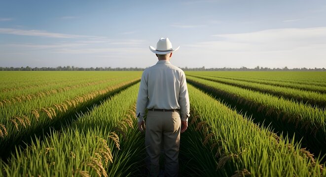 Farmer in green field holding a large straw hat, rural countryside landscape