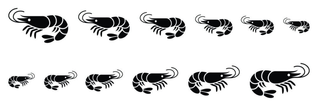 Collection of black silhouette shrimp icons in various poses and sizes