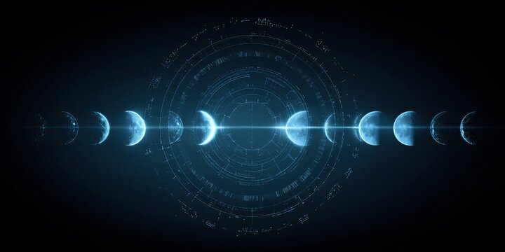 Digital visualization of moon phases cycle with holographic interface. Glowing lunar evolution in geometric radar circle. Futuristic astronomy technology for space data analysis concept.