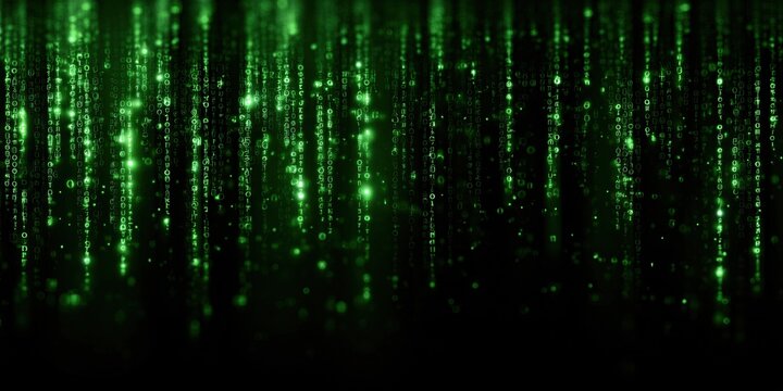 Green digital code falling on black background. Matrix style binary data stream. Cyber security and internet programming concept. Technology background for software development screen.