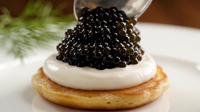 Black caviar spooned onto blini with sour cream and dill
