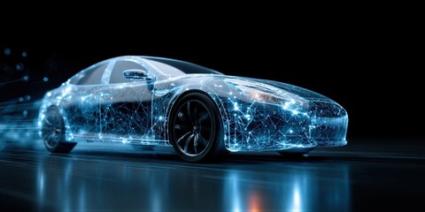 Car with wireframe glowing lights driving fast. Concept of self-driving autonomous vehicle with digital network connection. Future automotive technology and modern electric transport design.