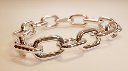 Fototapeta premium Shiny silver chain links form a sturdy bracelet. Each link reflects light with polished precision. Simple background enhances the metal's sleek design. No people or animals appear in this image