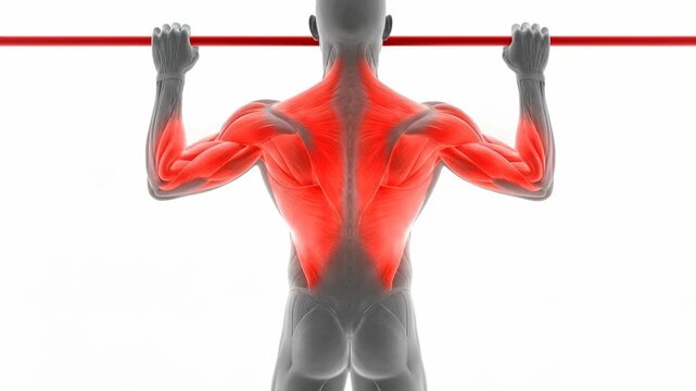 Slow motion footage of a 3D medical animation showing a back view of a person performing pull ups, highlighting the latissimus dorsi and upper body muscle groups in red.