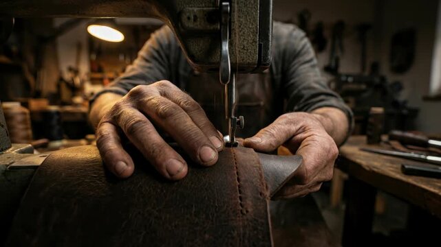 Close up of a master craftsman's hands using a vintage industrial sewing machine to stitch genuine brown leather in a dark, atmospheric artisan workshop with warm light.